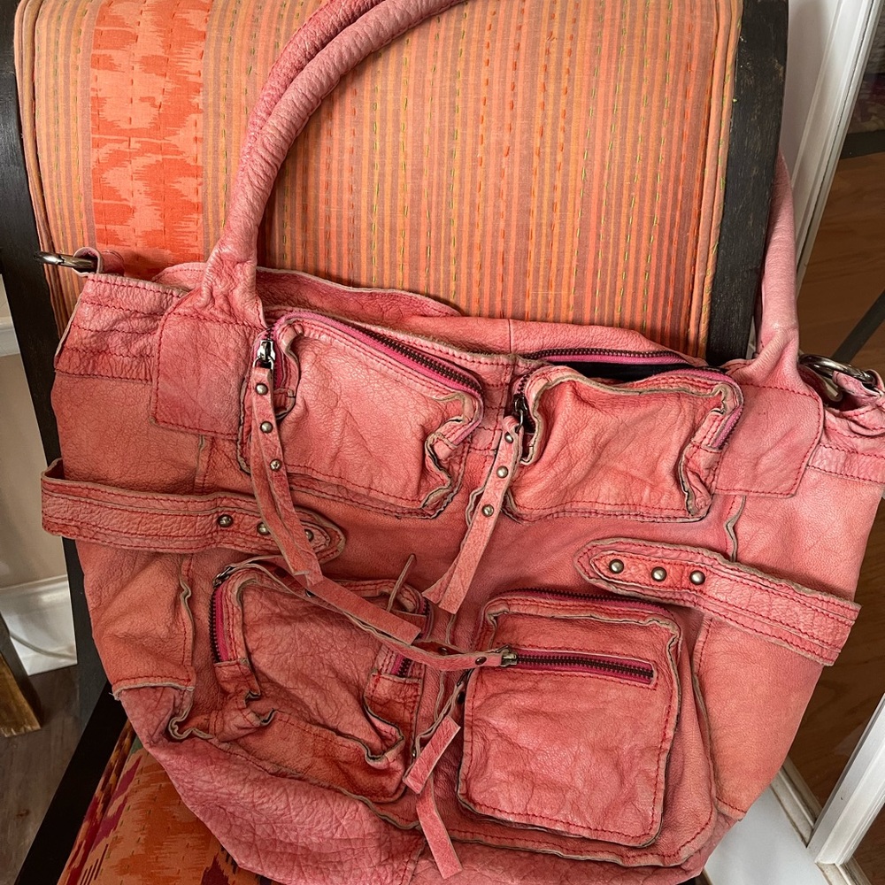 Free People Oversized Distressed Leather Tote Nantucket Faded Red